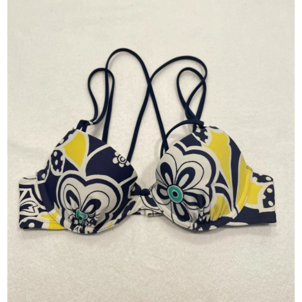 Aerie Bridget Bikini Top Underwire‎ Padded Strappy Floral 34B Navy Yellow